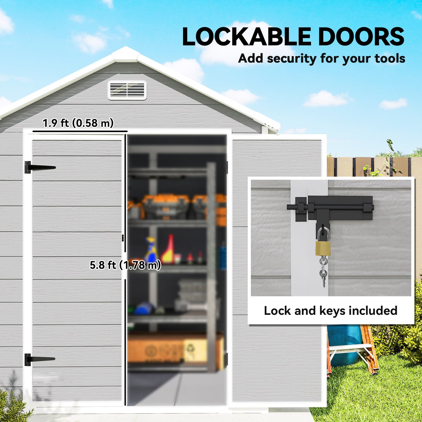 6 x 5ft Garden Shed, Plastic Shed with Floor, Window, Lockable Doors and Vents