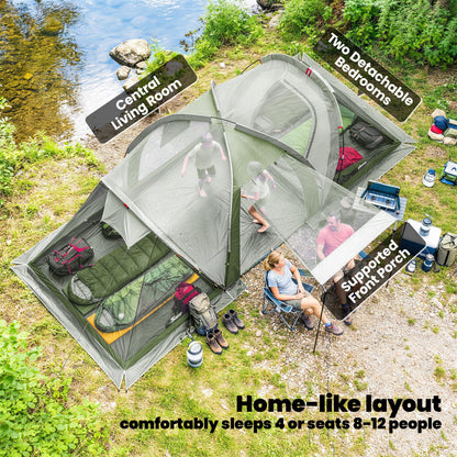 Family Camping Tent 3000mm Waterproof Windproof Tunnel Tent 6 Person Two Bedrooms Green