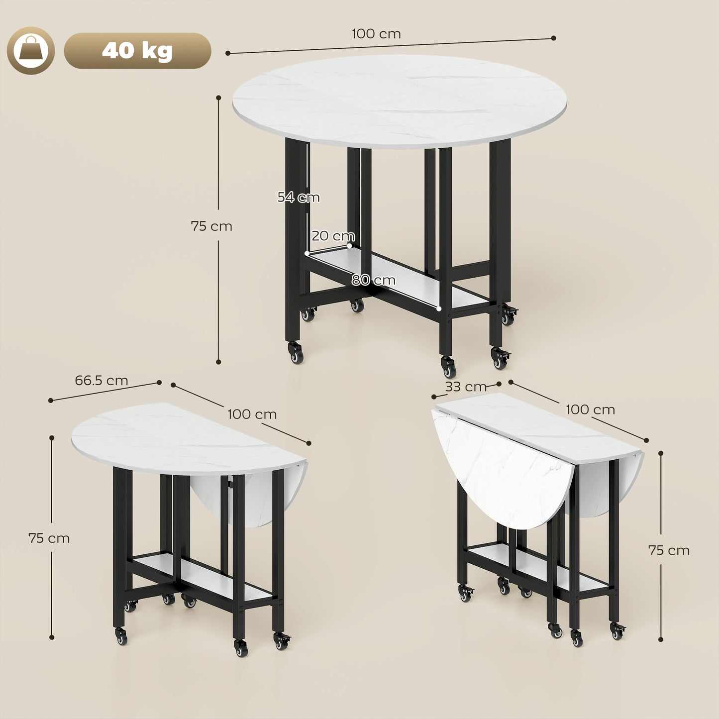 Folding Dining Table, Drop Leaf Table with Open Shelf, Rolling Kitchen Table for Dining Room, Small Spaces, White Marble