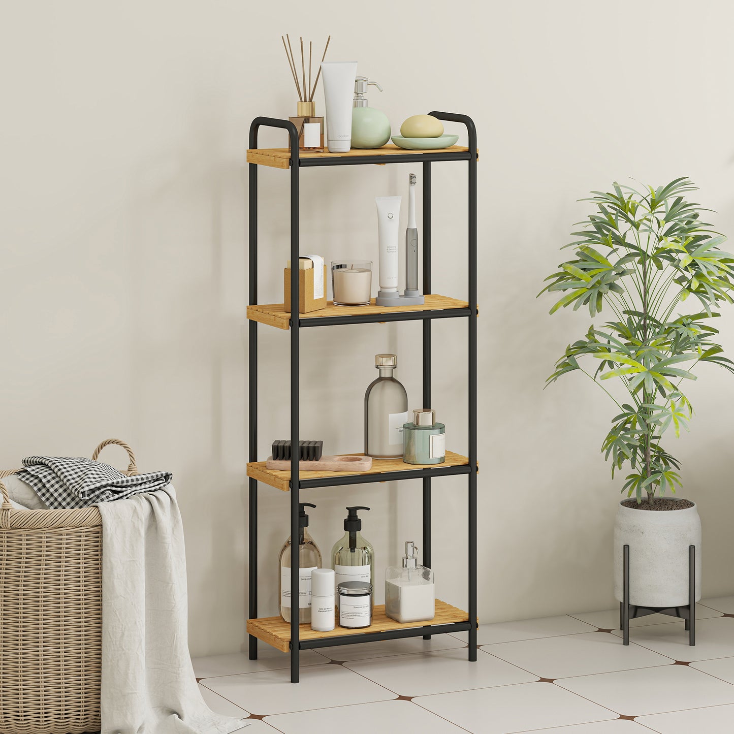 4-Tier Bamboo Bathroom Storage Shelf, Freestanding Narrow Shelving Unit
