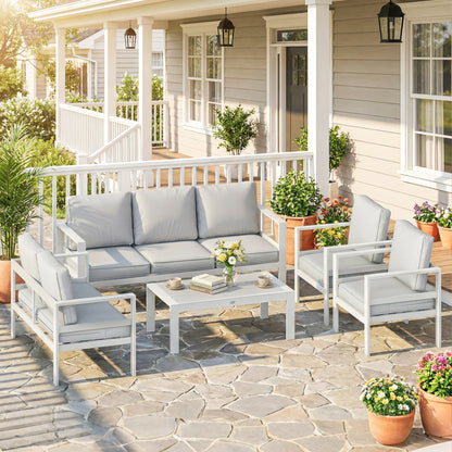 5 Pieces Aluminium Garden Furniture Set with Olefin Cushions, Extra Deep Outdoor Garden Sofa Set, White