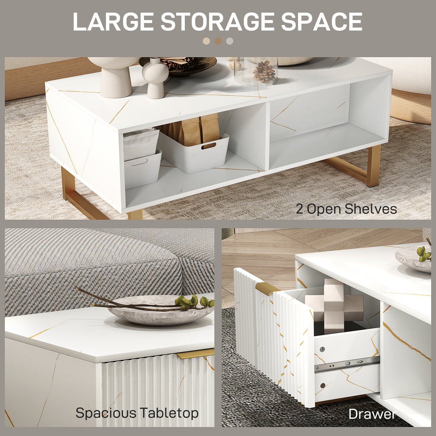 Elegant Marble Effect Storage Coffee Table - White