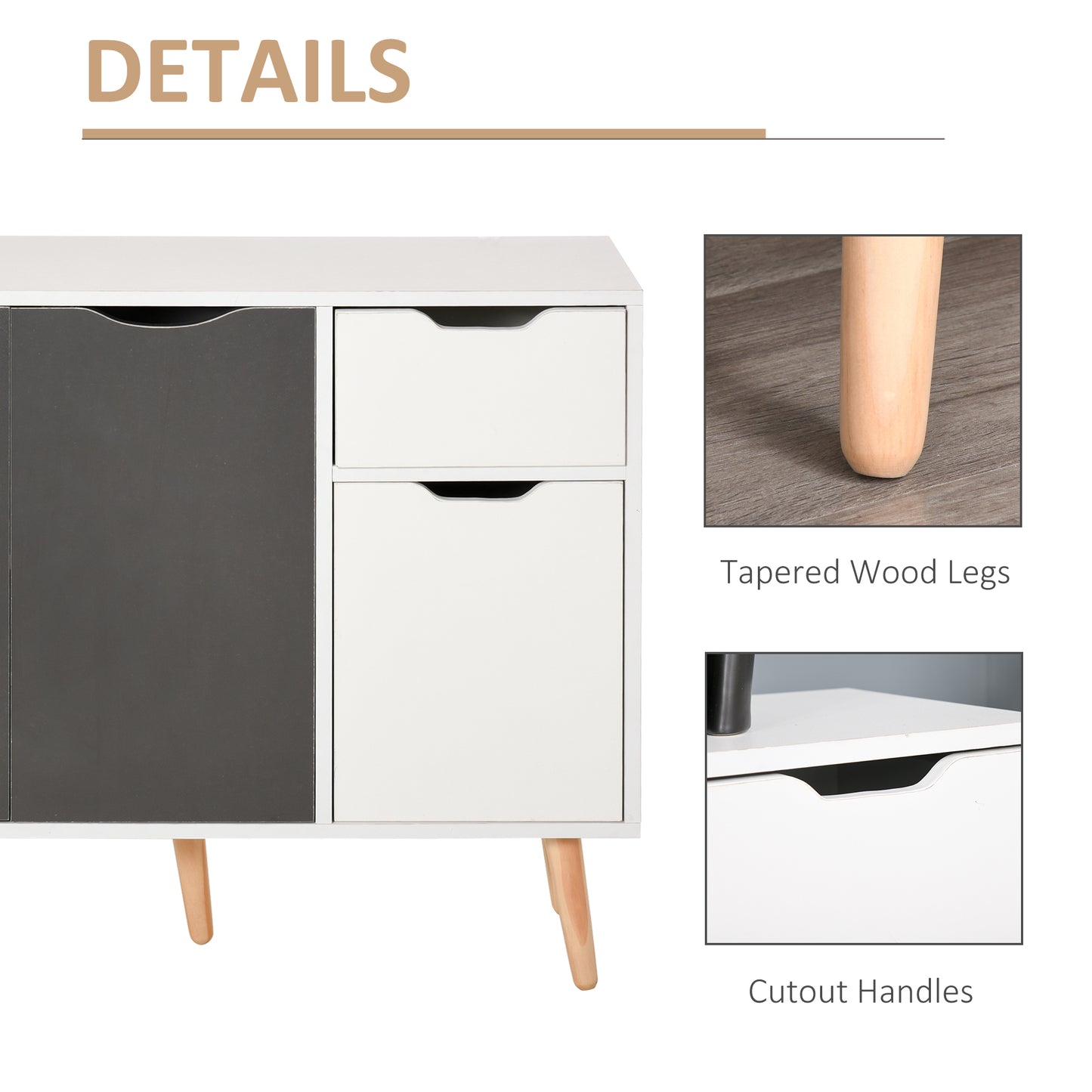 Sideboard Floor Standing Storage Cabinet with Drawer and Solid Wood Legs for Bedroom, Living Room, Home Office, Grey