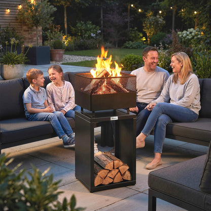 Outdoor Fire Pit with Wood Storage Wood Burning Firepit with Mesh Sides 87 cm Black