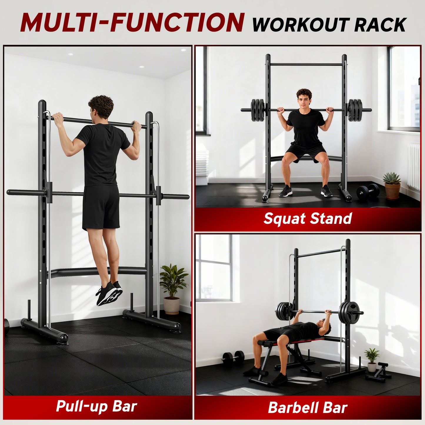 Adjustable Squat Rack, with Pull Up Bar, Barbell Bar for Home Gym
