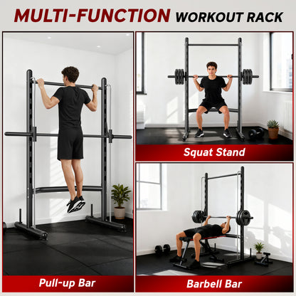 Adjustable Squat Rack, with Pull Up Bar, Barbell Bar for Home Gym