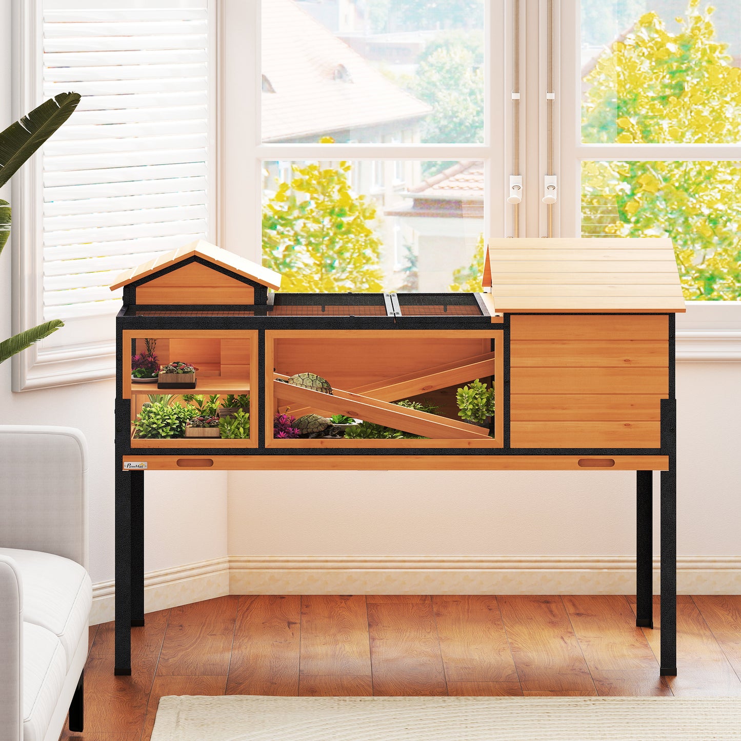 Wooden Tortoise House with Stand Legs, Clear Observation Windows, Ramps, Openable Top, Built-in Tray, Yellow