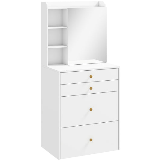 Dressing Table with Mirror and Mobile Storage Stool, Compact Vanity Table with Cabinet, Drawers, Open Shelves, White