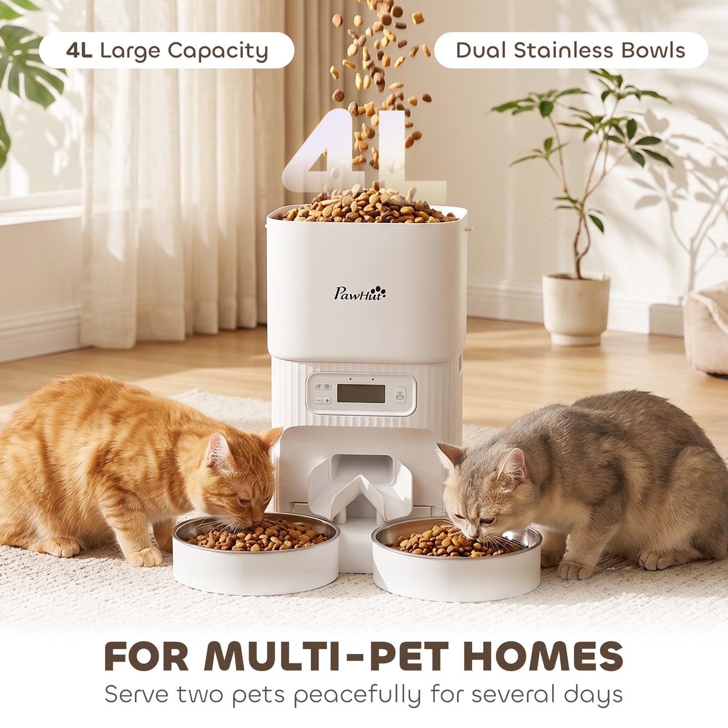 Automatic Cat Feeder Timed Portion Control Pet Food Dispenser with 2 Stainless Steel Bowls