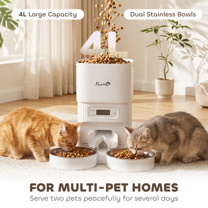 Automatic Cat Feeder Timed Portion Control Pet Food Dispenser with 2 Stainless Steel Bowls