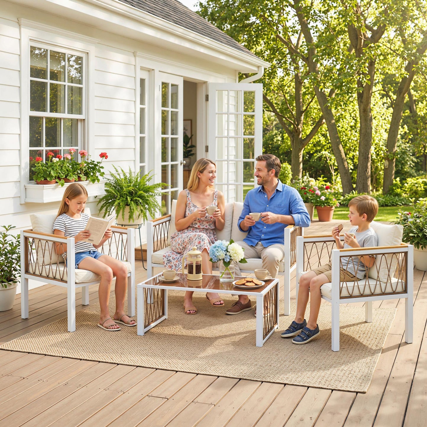 4 Piece Rattan Garden Furniture Set with Loveseat, 2 Armchairs, Cream White