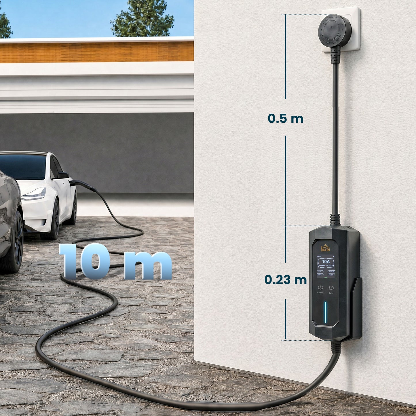 EV Charger Type 2 to 3 Pin Plug, 10 m, 2.8 kW, 6-13 A, Electric Car Charger Type 2 Charging Cable w/ 1-12 h Time Delay