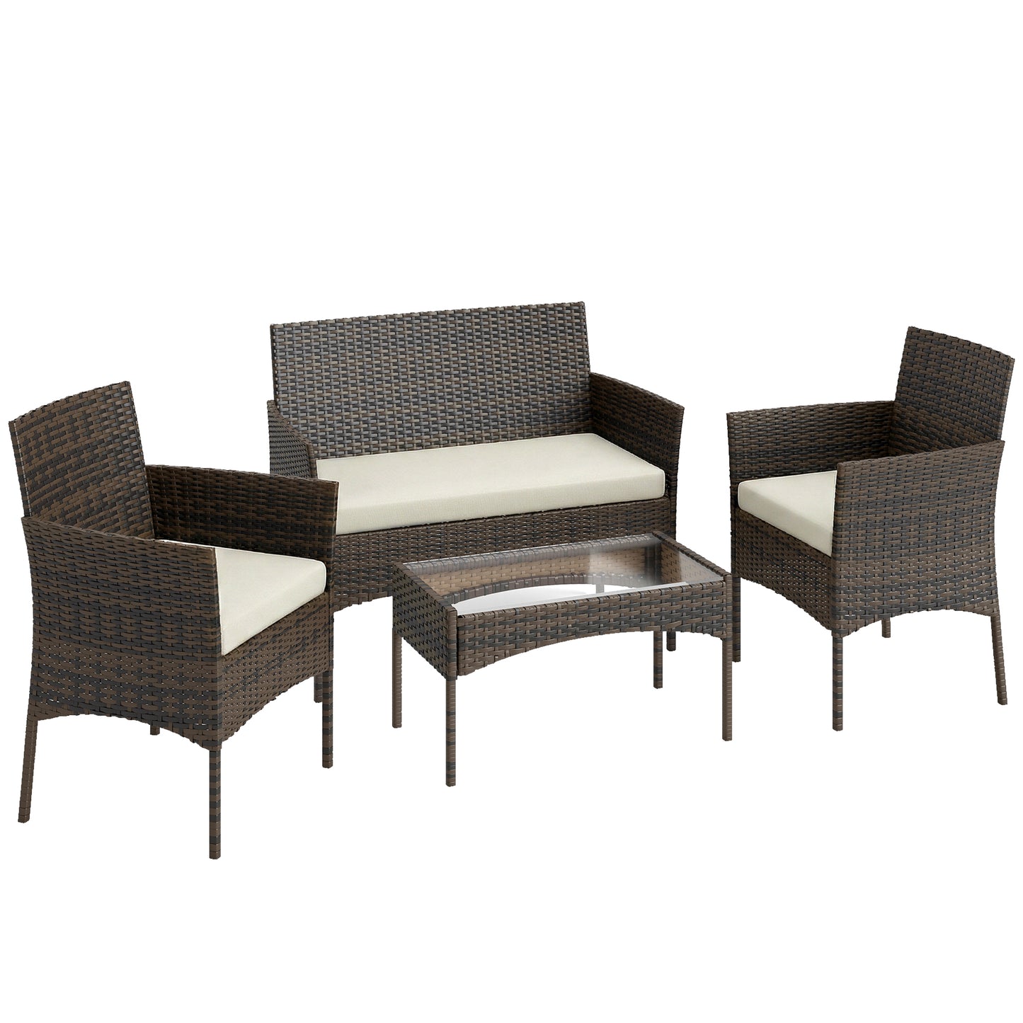 4 Piece Rattan Garden Furniture Sofa Set with Loveseat, Armchairs, Glass-Top Coffee Table and Cushions, Brown