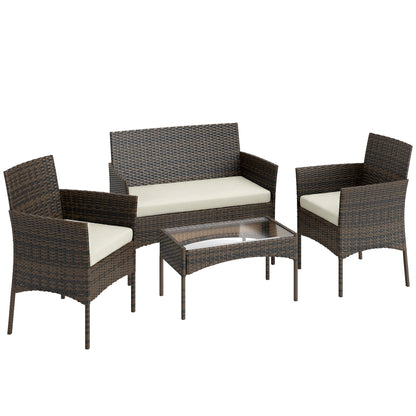 4 Piece Rattan Garden Furniture Sofa Set with Loveseat, Armchairs, Glass-Top Coffee Table and Cushions, Brown