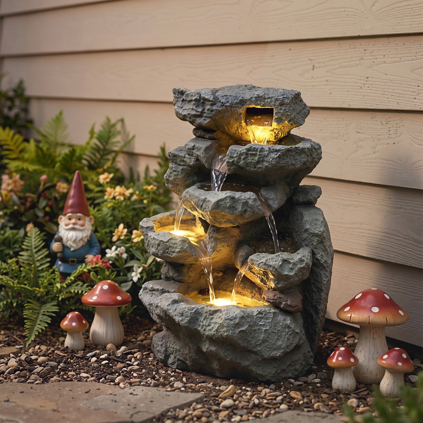 Outdoor Fountain with 6-Tier Rock Design, Waterfall Feature with LED Lights, Resin Freestanding Garden Fountain, Grey