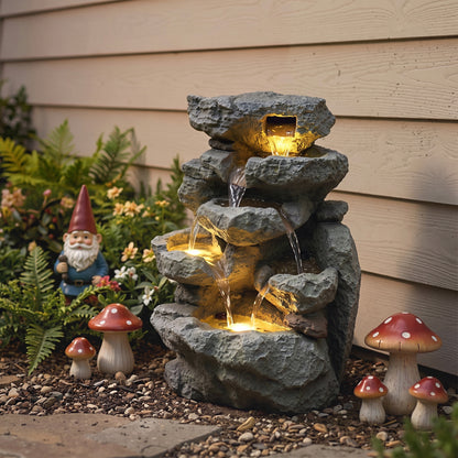 Outdoor Fountain with 6-Tier Rock Design, Waterfall Feature with LED Lights, Resin Freestanding Garden Fountain, Grey