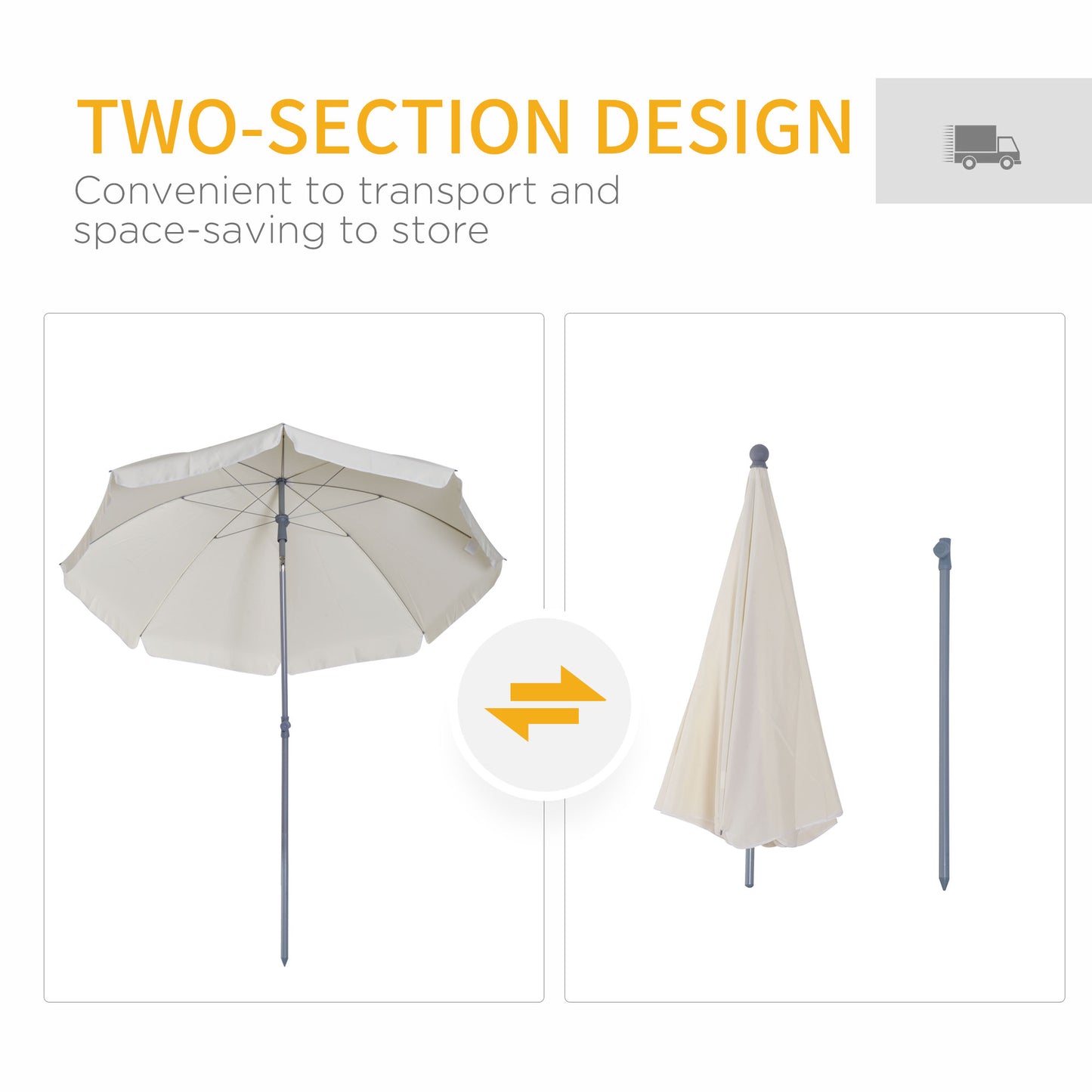 2.2m Beach Umbrella, Portable Parasol with Tilting Function, Outdoor Sunshade Shelter with 8 Ribs for Garden, Pool and Patio