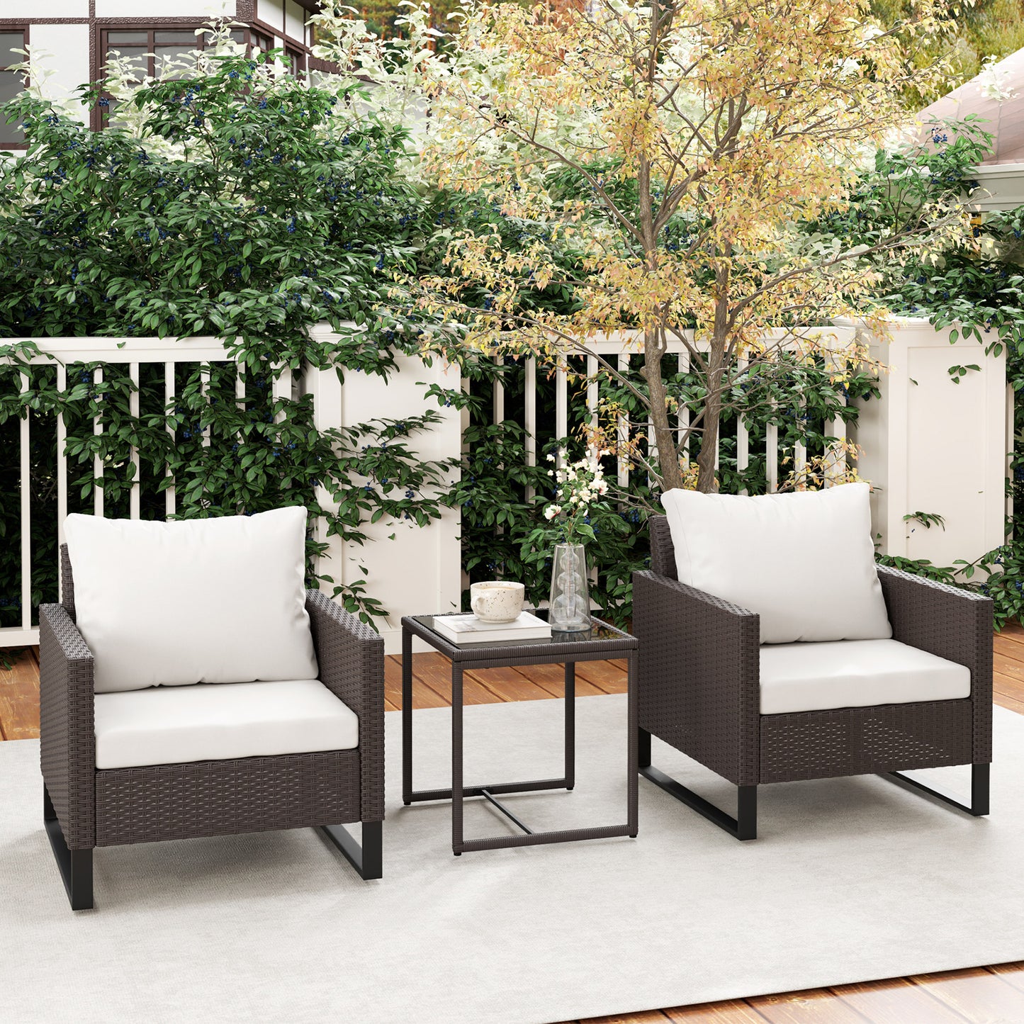 3 Pieces Rattan Bistro Set with 4 Cushions, Wicker Garden Furniture Set, Glass Top Coffee Table and Chairs for Outdoor Patio