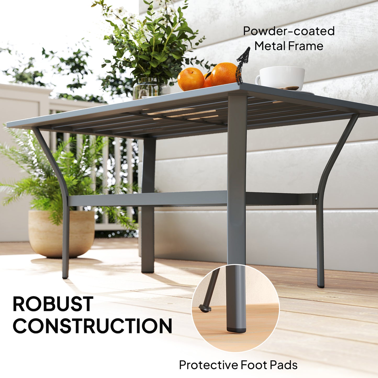 Metal Garden Coffee Table, Rectangular Outdoor Side Table with Slatted Tabletop, Foot Pads for Outside, Garden, Balcony