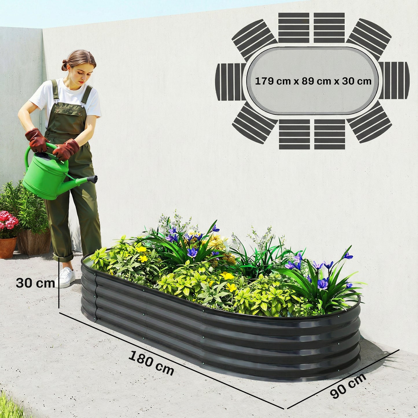 Galvanised Raised Garden Bed, Metal Planter Box with Safety Edging, for Flowers, Herbs, Succulents, Dark Grey