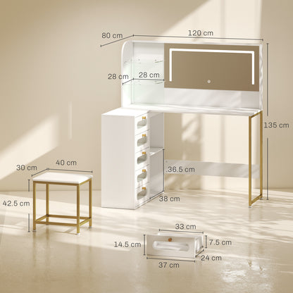 Dressing Table with LED Mirror and Stool, L-Shaped Vanity Desk with Drawers and Shelves, White