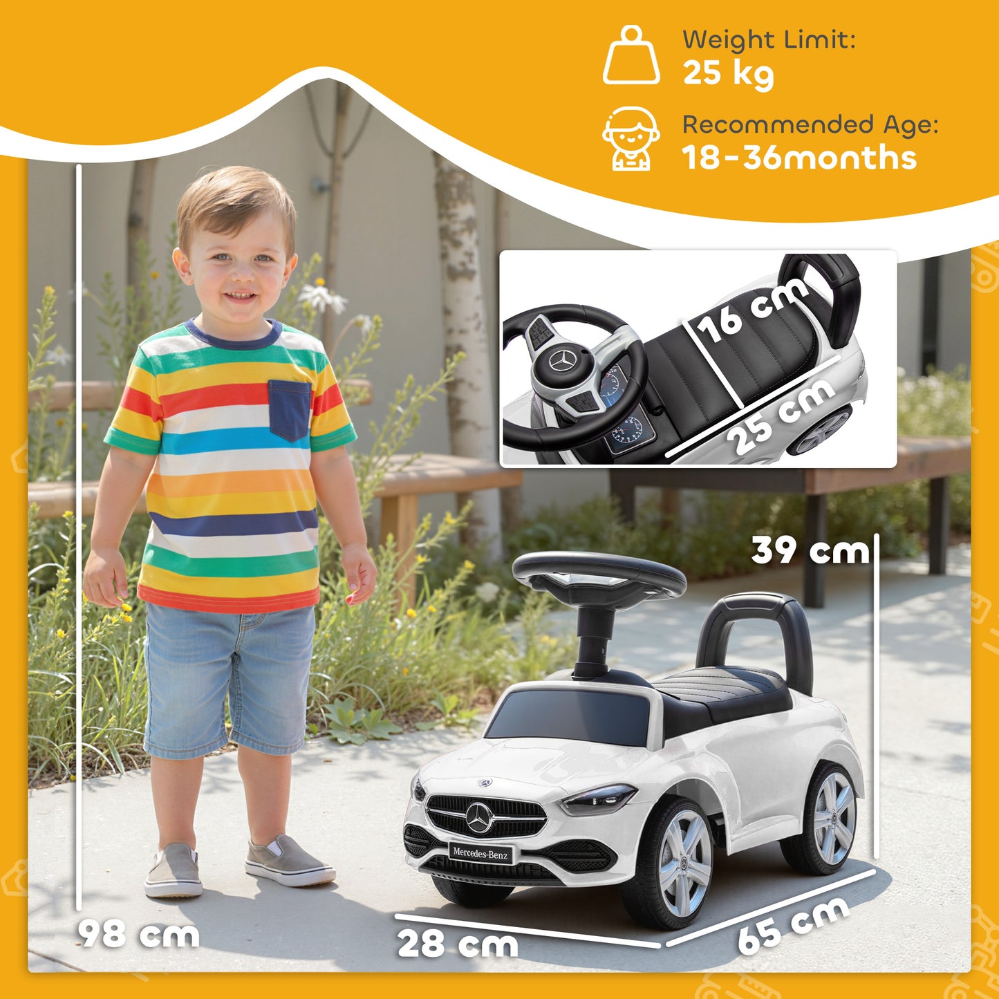 Official Mercedes-Benz Ride On Car, Foot to Floor Sliding Walker with Horn, Engine Sounds and Under-Seat Storage, White
