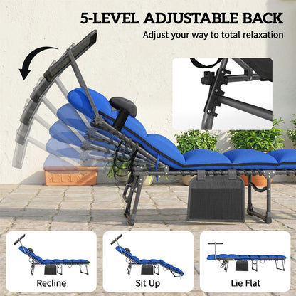 Folding Sun Loungers Set of 2 with Canopy, Reclining Sunbed with Cushion, Side Pocket, Carrying Handle, Dark Blue
