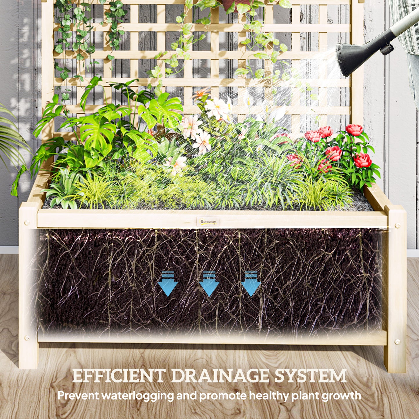 Raised Bed & Privacy Screen with Drainage Holes, Wood Planter with Trellis for Climbing Plants to Grow Vegetables, Flowers