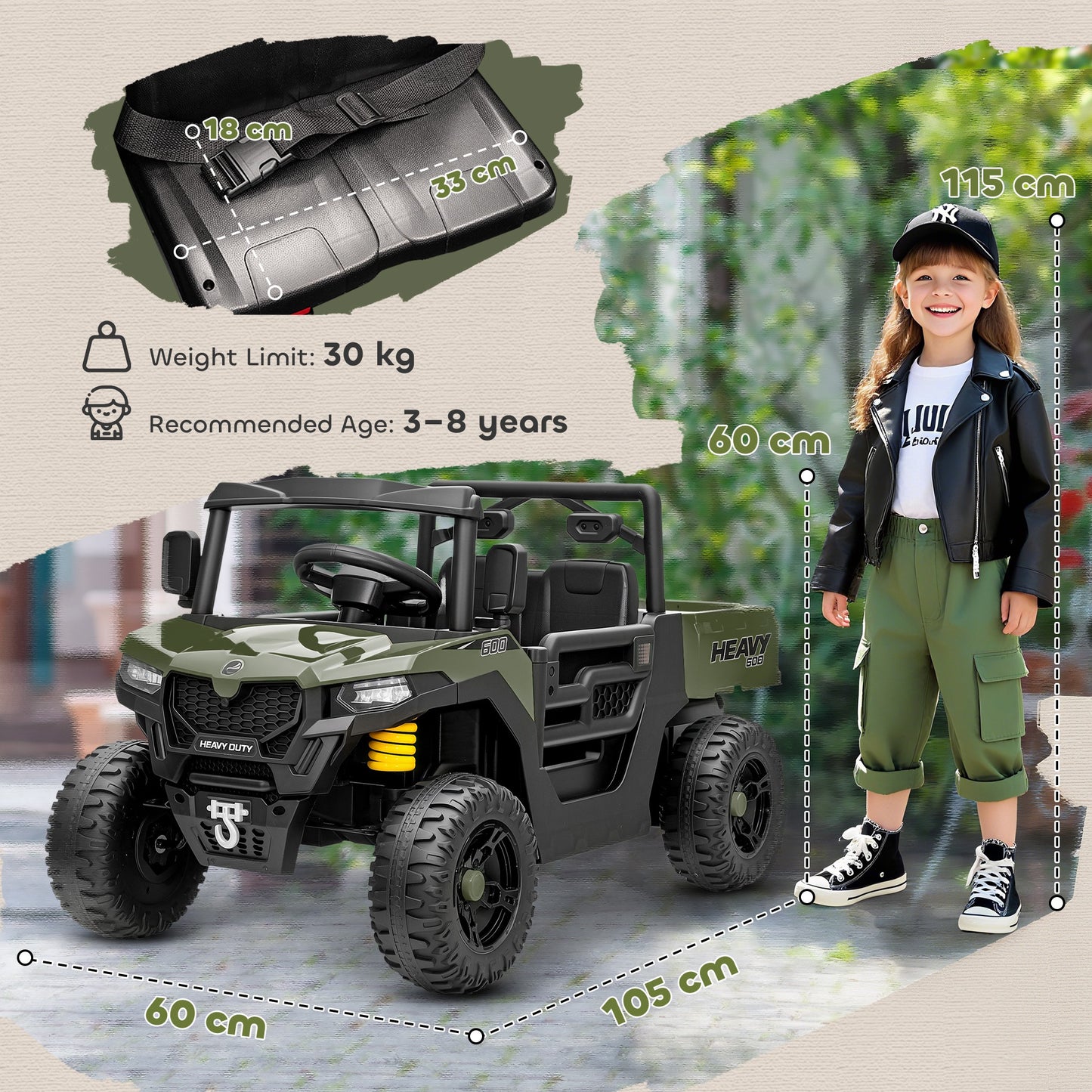 Kids Ride on Car, 12V Electric Kids UTV with Electric Dump Bed, 4-Wheel Suspension for 3-8 Years, Green