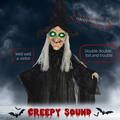 6ft Outdoor Halloween Decoration Witch, Hanging Witch Prop Life Size with Sound and Motion Activated, Light Up Eyes