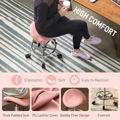 Salon Saddle Stool, Rolling Saddle Chair for Massage, Spa, Clinic, Beauty, Hairdressing and Tattoo, Pink