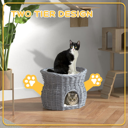 2-Tier Wicker Cat House Elevated Pet Bed Basket Willow Kitten Tower Pet Den. with Washable Cushions 56x37x40cm Grey