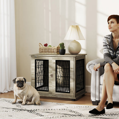 Indoor Dog Crate Furniture End Table with Soft Washable Cushion, Lockable Front Door, for Medium Dogs - Black