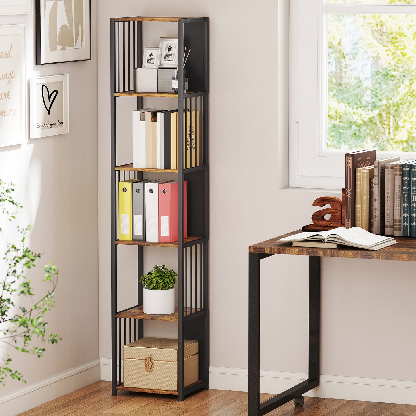 5-Tier Bookshelf with Steel Frame - Rustic Brown