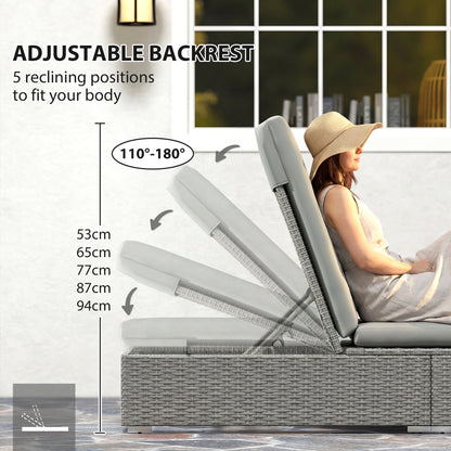 Rattan Sun Lounger, Five-Position Reclining Garden Lounger Bed with Cushion, Light Grey