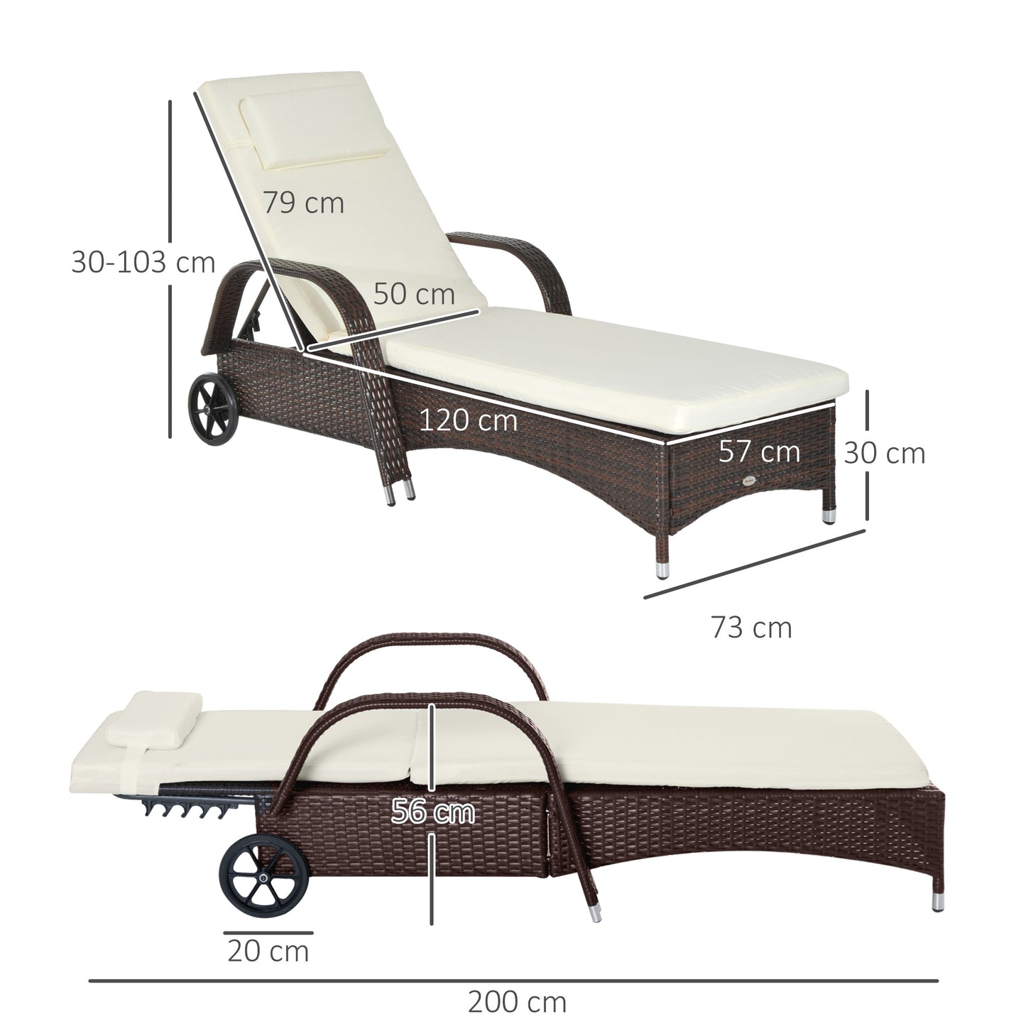 Brown Rattan Sun Lounger w/ Adjustable Steel Frame,200Lx73Wx56-103H cm