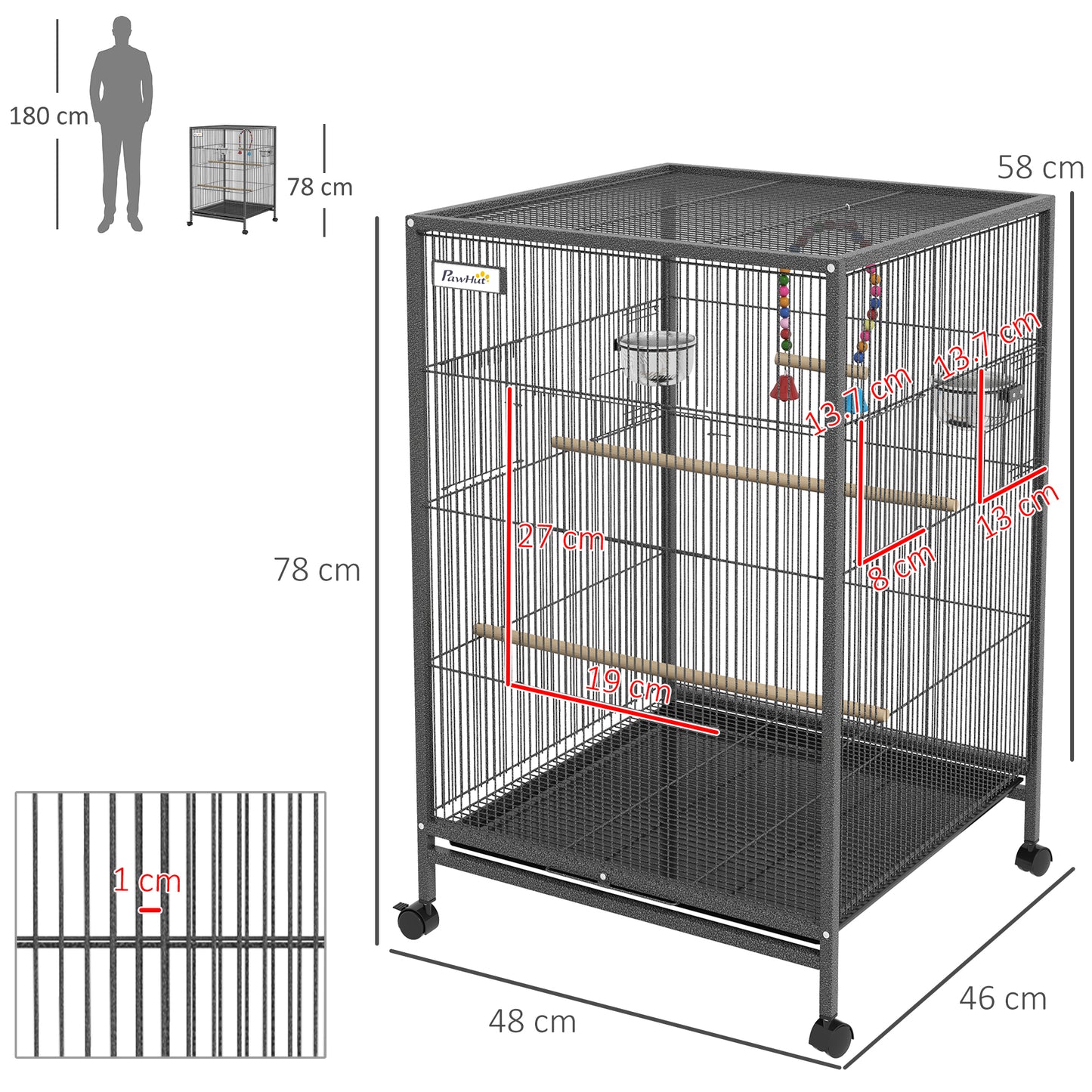 Bird Cage, Budgie Cage, with Rolling Stand, for Small Birds - Grey