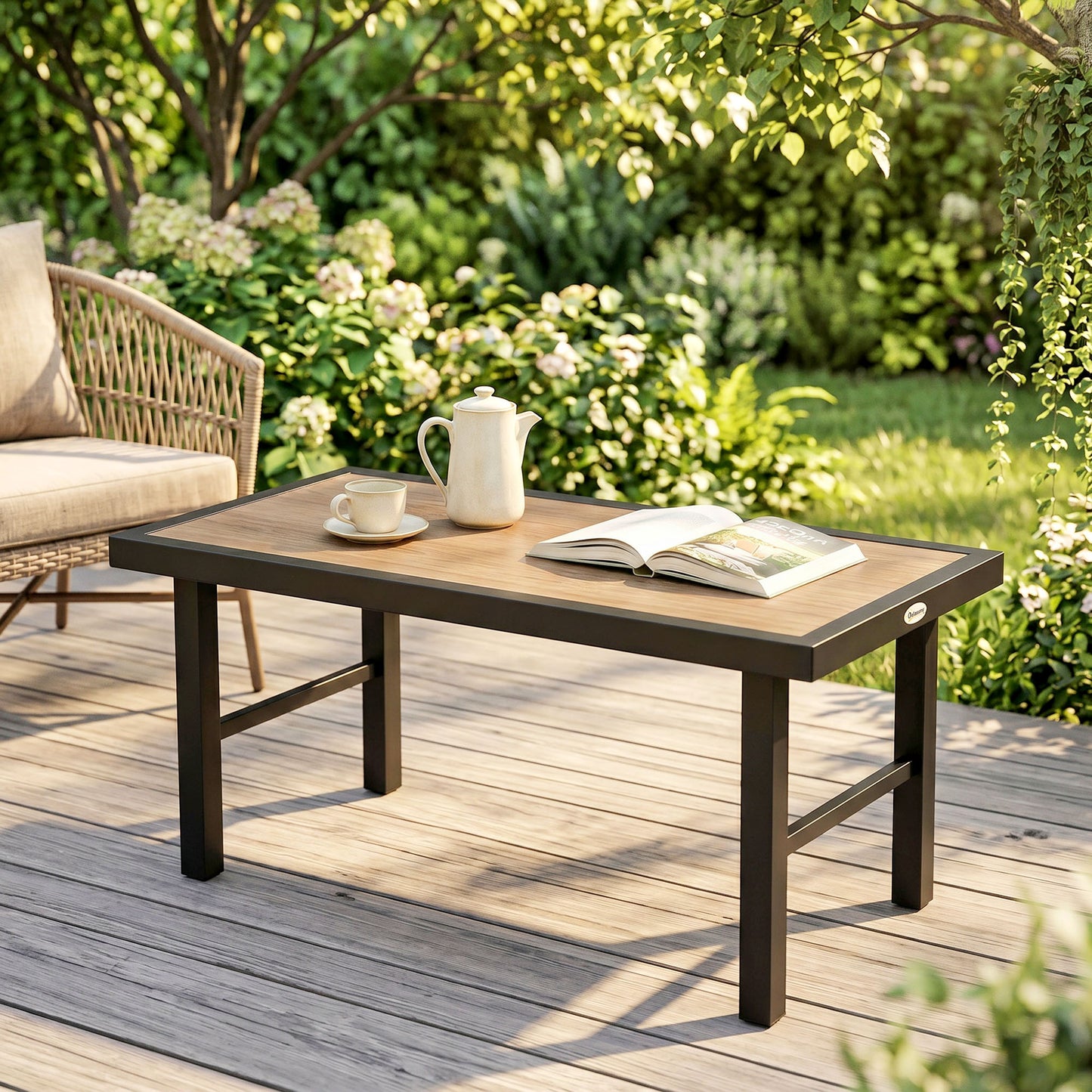Metal Garden Coffee Table, Outdoor Side Table with SPC Woodgrain Tabletop for Outside, Garden, Balcony, Porch