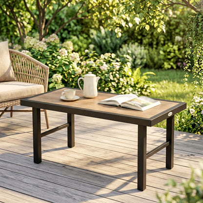 Metal Garden Coffee Table, Outdoor Side Table with SPC Woodgrain Tabletop for Outside, Garden, Balcony, Porch