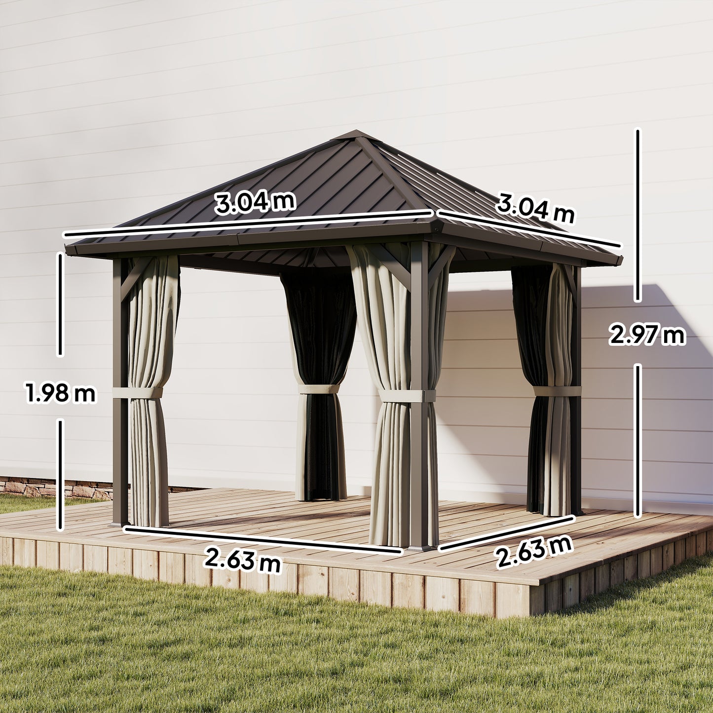3 x 3(m) Hardtop Gazebo with Galvanised Steel Roof and Water Gutter, Waterproof Permanent Pavilion Garden Gazebo