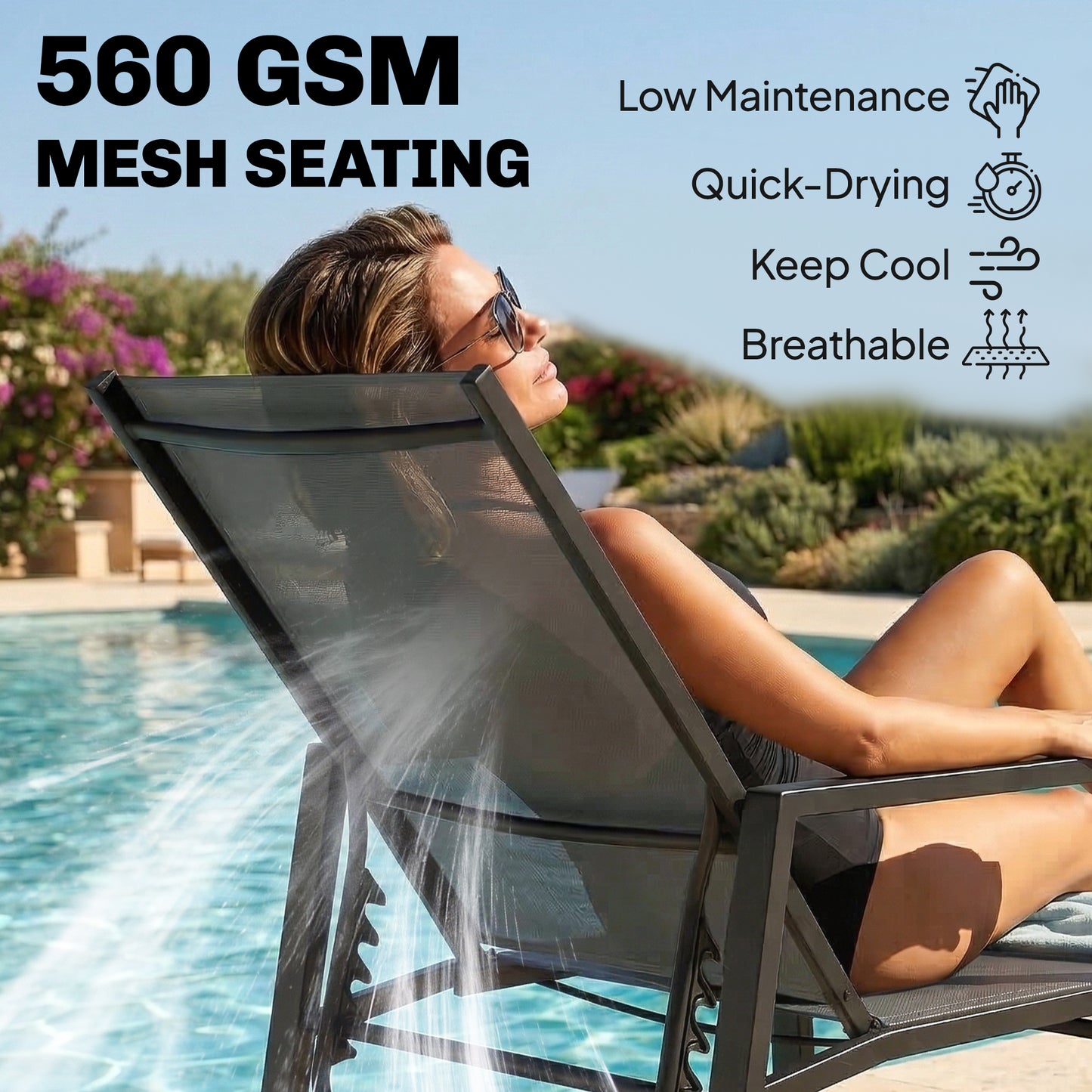 Sun Loungers Set of 2 Retractable Footrest 5-Position Adjustable Steel Frame for Beach, Porch, Patio, Camping, Dark Grey
