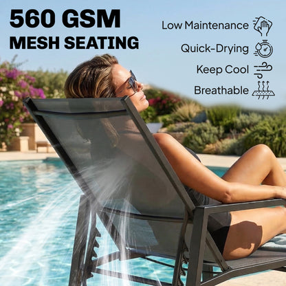 Sun Loungers Set of 2 Retractable Footrest 5-Position Adjustable Steel Frame for Beach, Porch, Patio, Camping, Dark Grey