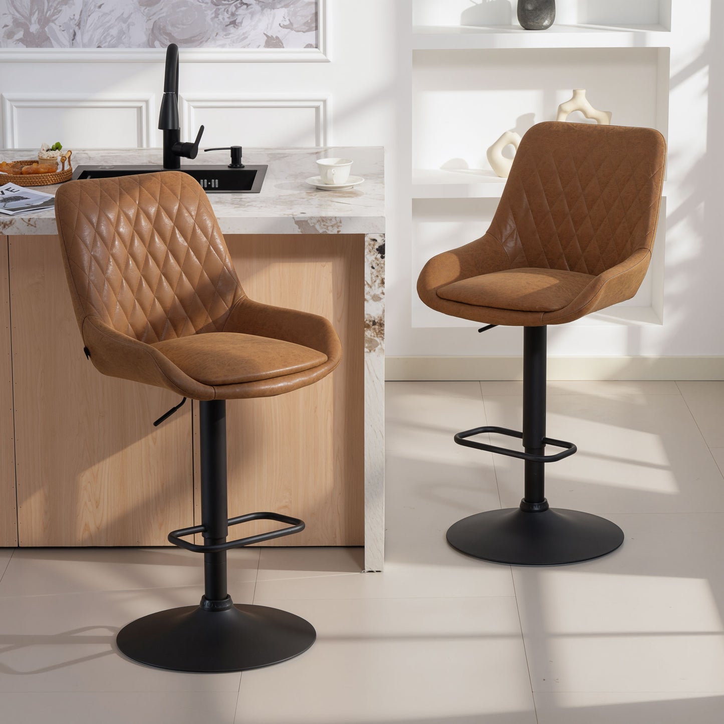 Set of Two Faux Leather Retro Bar Stools - Orange