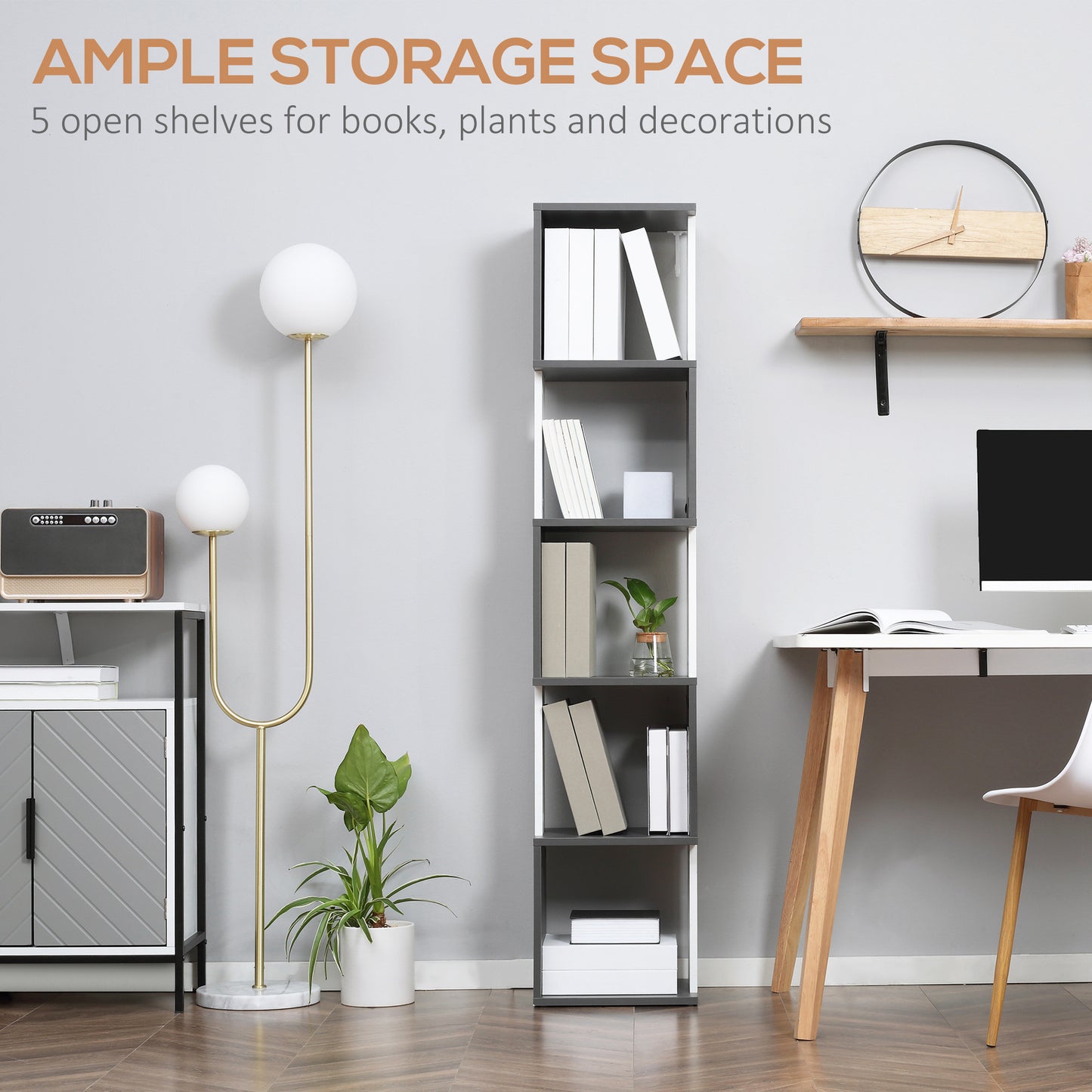 Modern 5-Tier Bookshelf, Freestanding Bookcase Storage Shelving for Living Room Home Office Study, White and Dark Grey