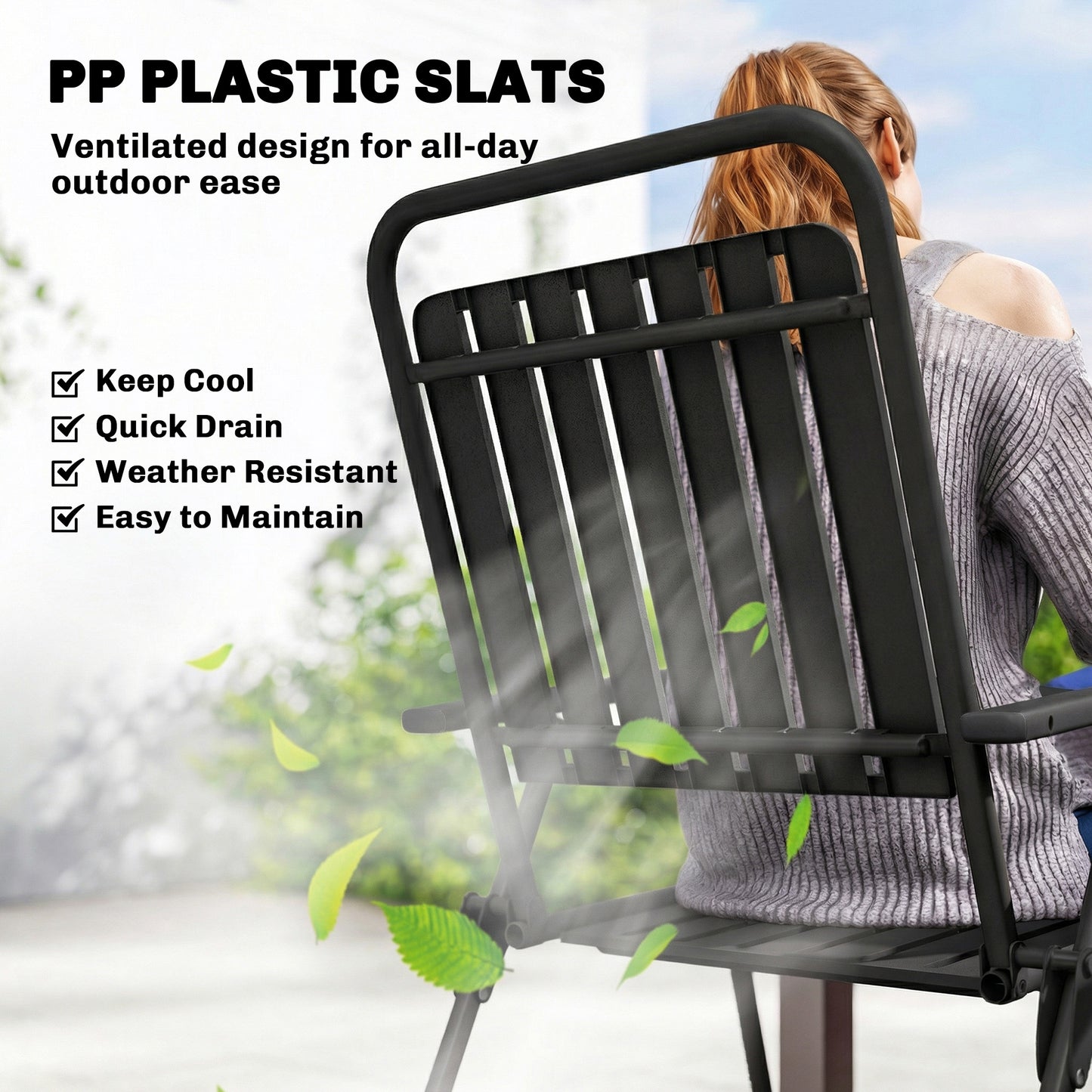 Folding Garden Chairs, Garden Dining Chairs with Plastic Slatted Seat Back, Armrests, Steel Frame, Set of 4, Black