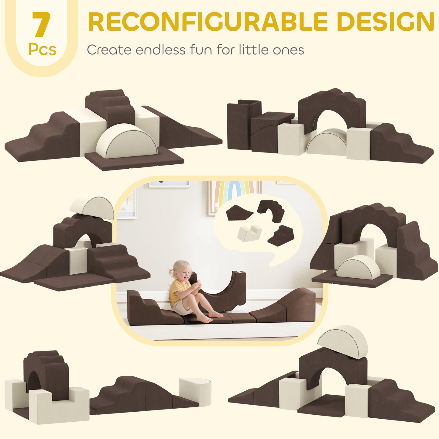 7 Piece Kids Soft Play Set with Detachable Cover, Baby Indoor Climb and Crawl Foam Toy for Toddlers, Brown