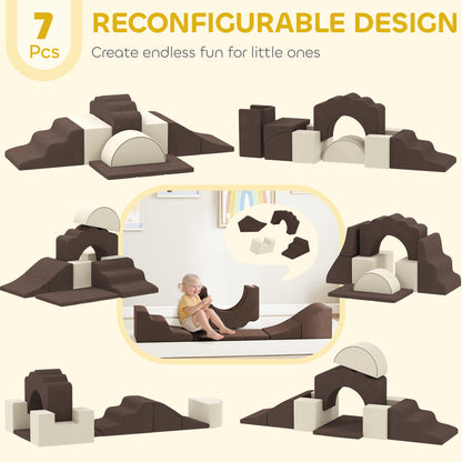 7 Piece Kids Soft Play Set with Detachable Cover, Baby Indoor Climb and Crawl Foam Toy for Toddlers, Brown