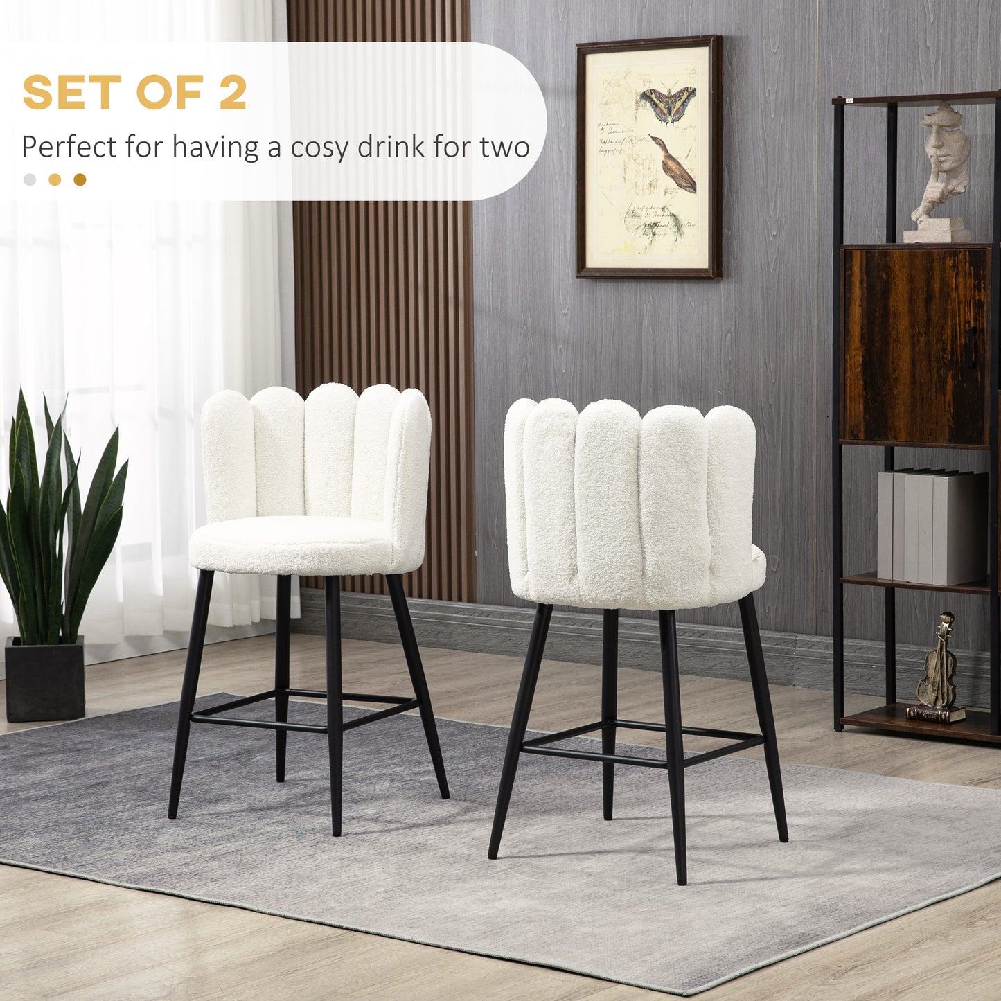 Bar Stools Set of 2, Modern Boucle Upholstered Shell Barstools, Breakfast Bar Chairs with Backrest