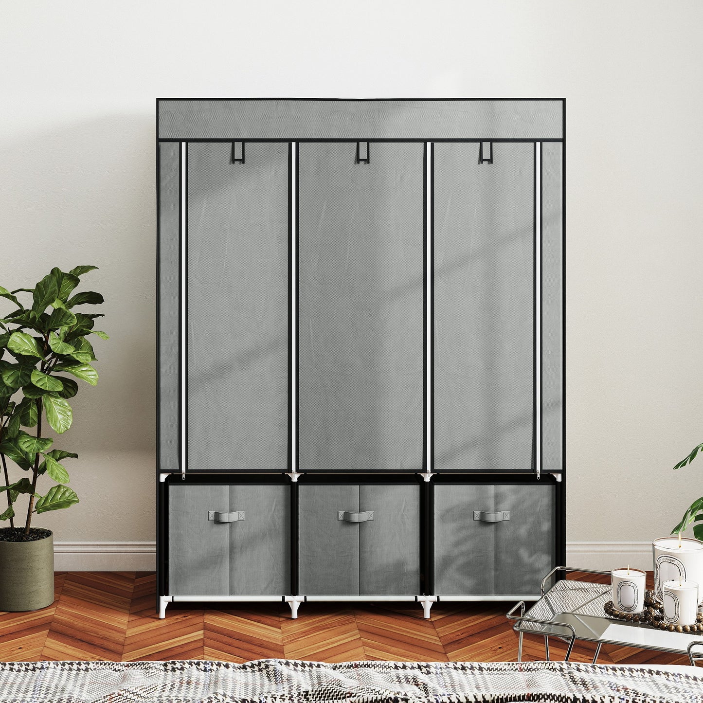 Foldable Fabric Wardrobe for Bedroom, Portable Wardrobe with 5 Shelves, 2 Hanging Rails and 3 Fabric Drawers, Light Grey