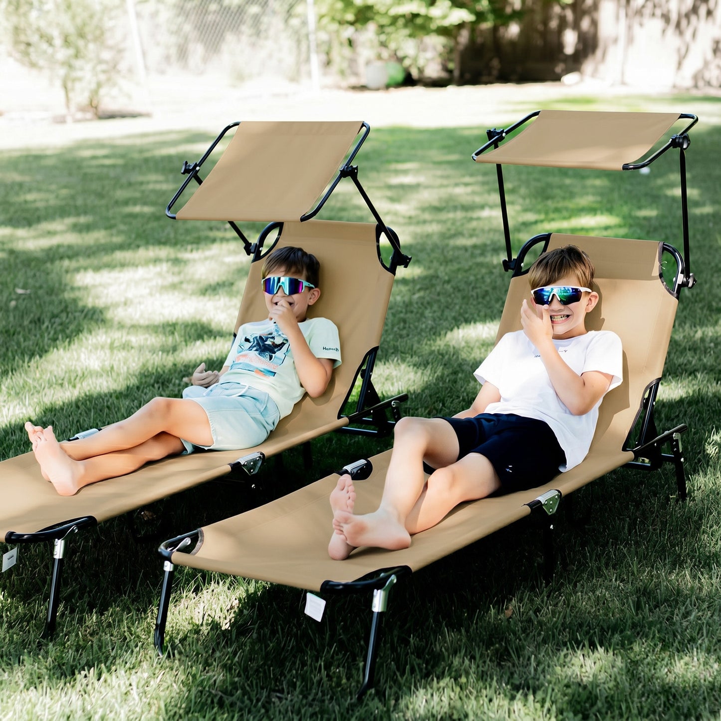 2 Piece Folding Sun Loungers with Canopy, Adjustable Recliner Garden Chairs with Side Pocket